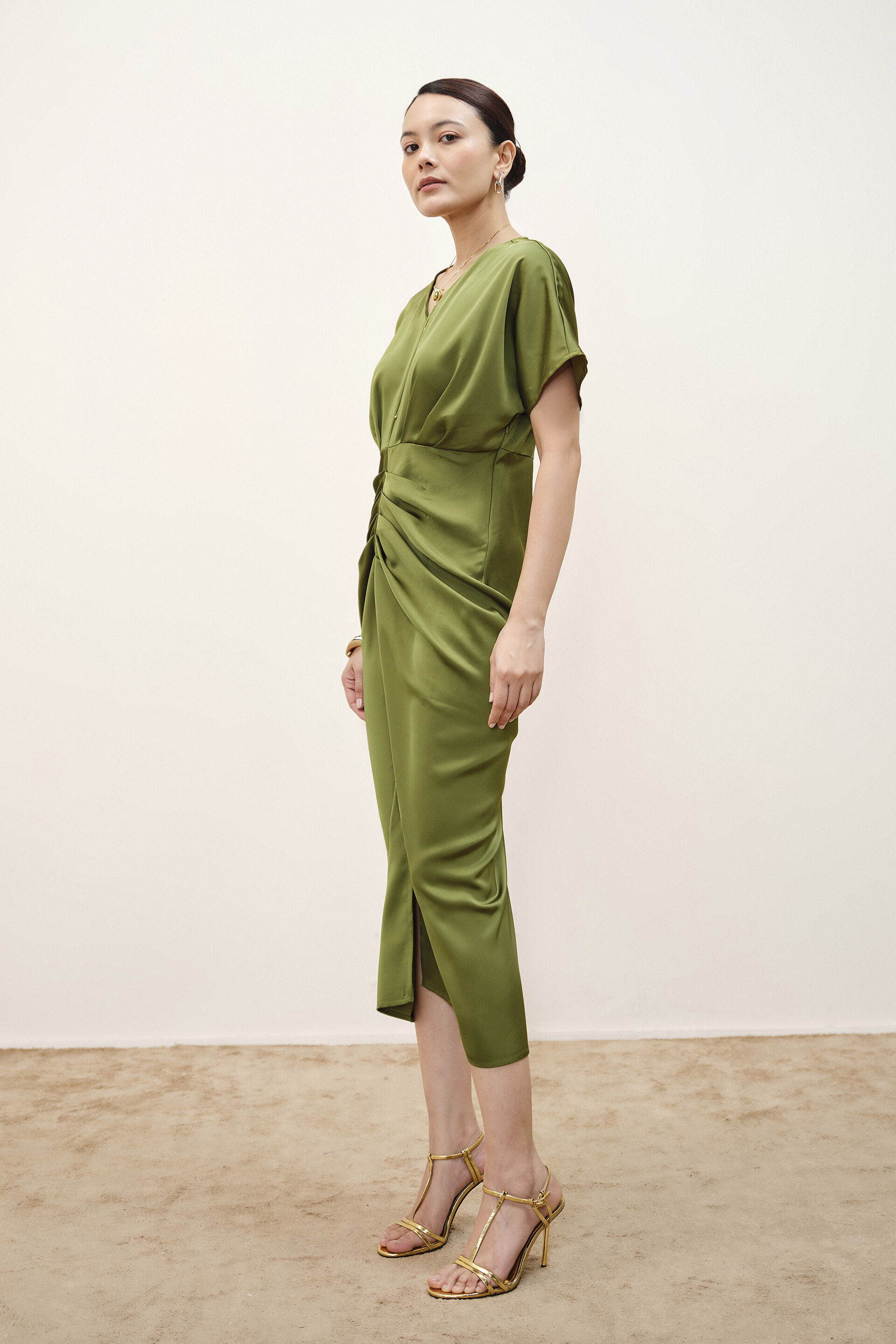 Sibyl Draped Olive Dress, Green, image 4